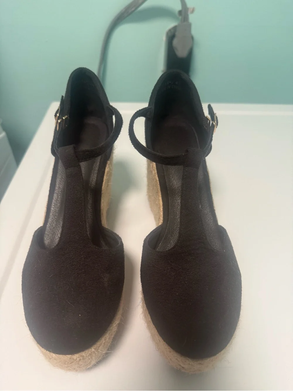 SHEIN Black Espadrille Platform Wedges with Ankle Strap